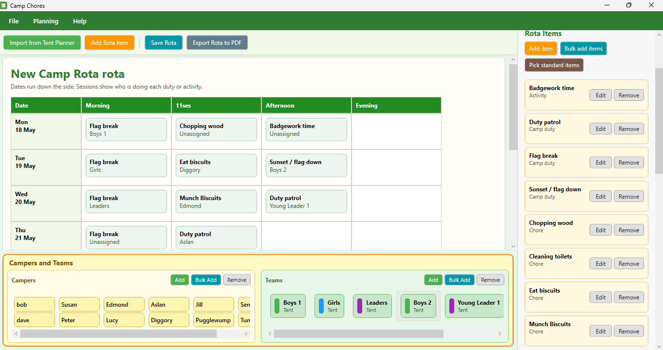 Camp Chores rota planning interface preview