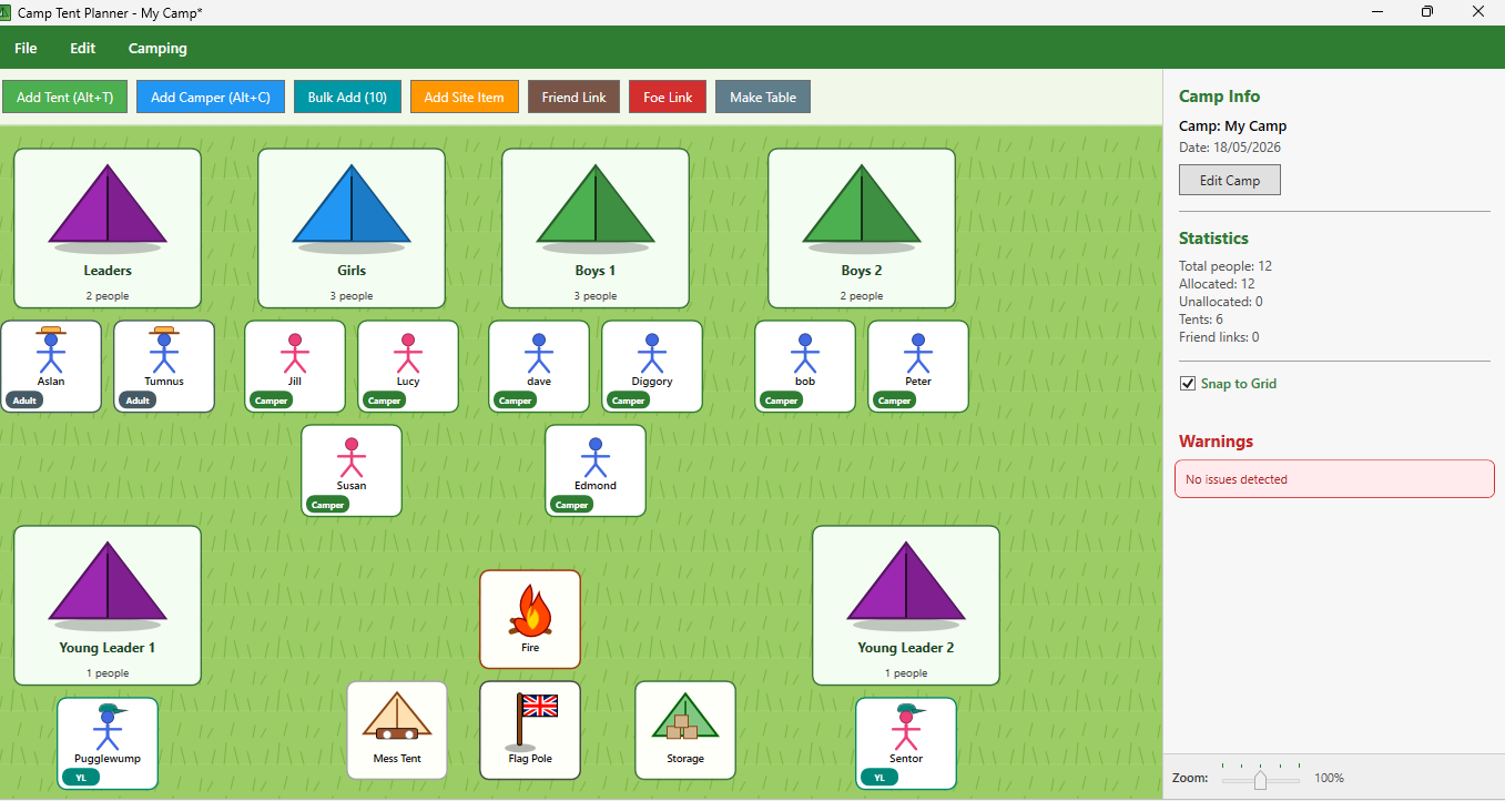 Camp Tent Planner drag-and-drop planning board showing tents, people and the warnings panel