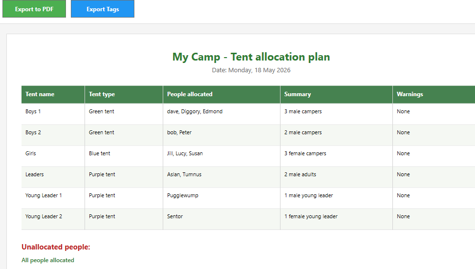 Camp Tent Planner printable tent allocation table