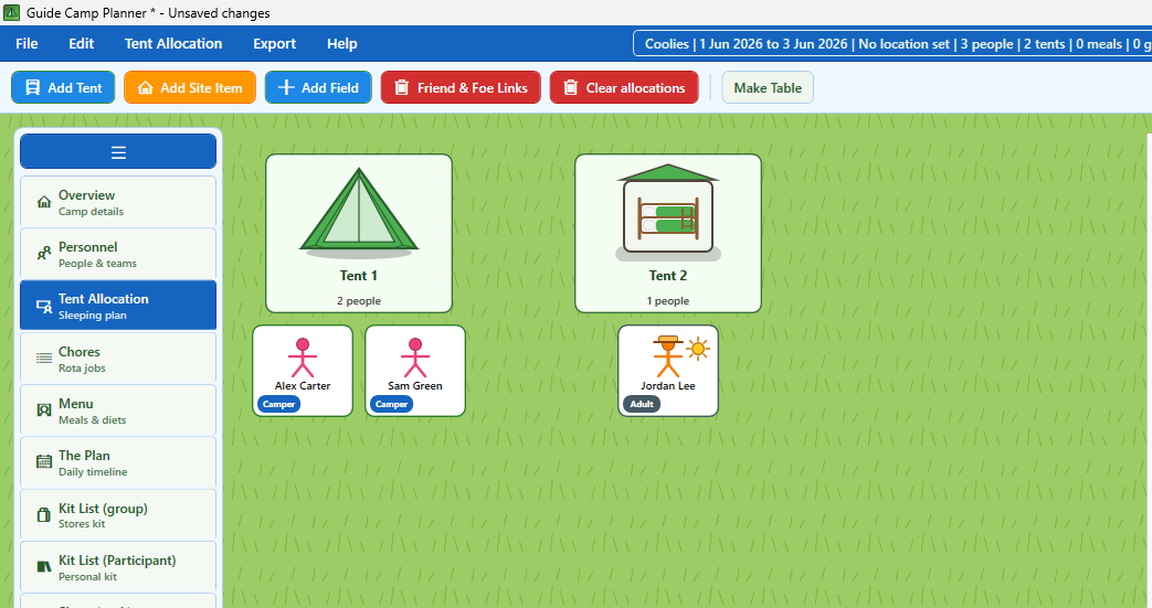 Camp Planner for Guides sleeping plan preview