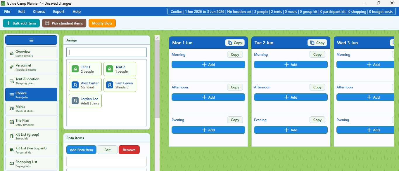 Camp Planner for Guides rota jobs view