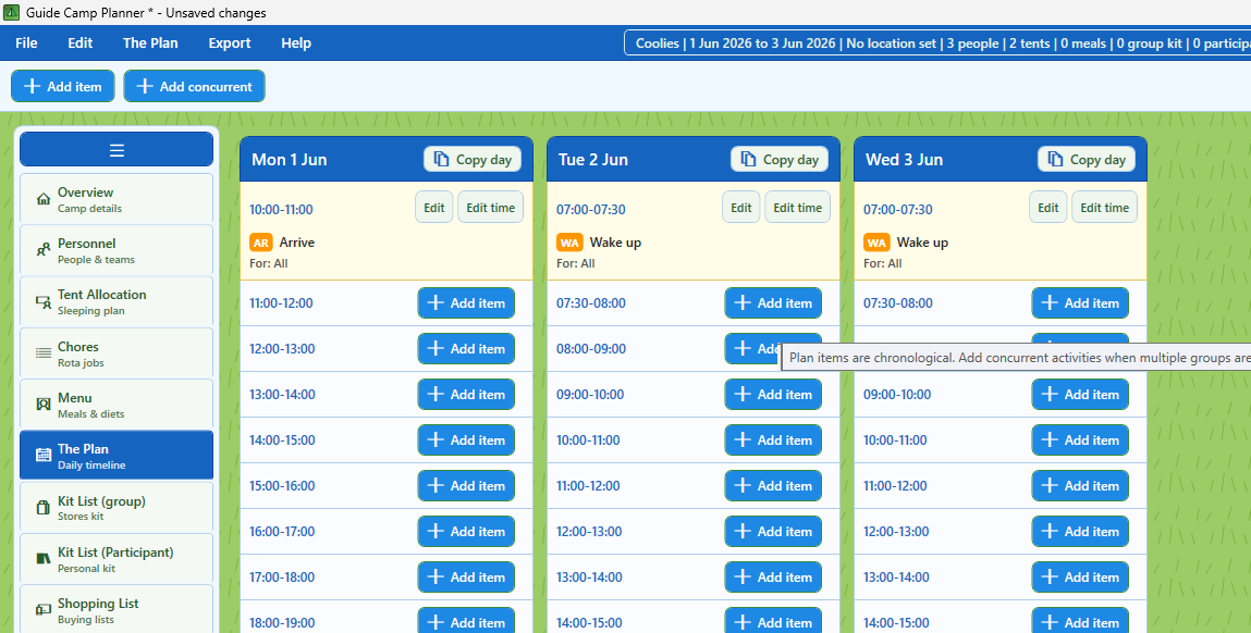 Camp Planner for Guides daily plan preview
