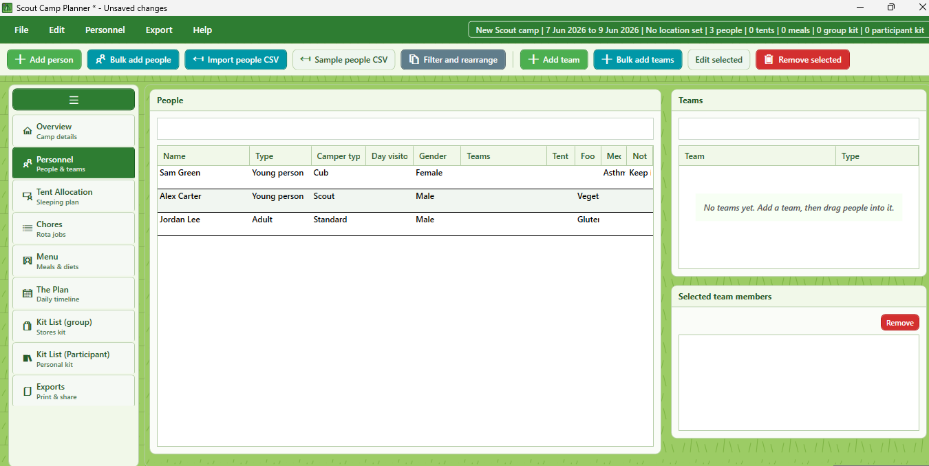 Camp Planner personnel and teams view