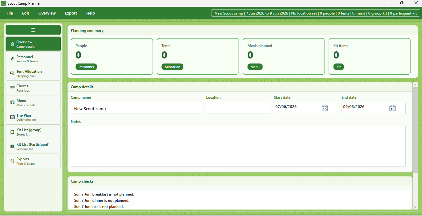 Camp Planner overview and camp checks view